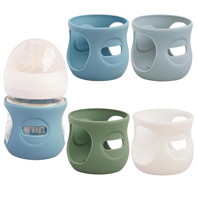 4 Pack Silicone Sleeves for Avent Natural Glass Baby Bottles, Anti Breakage Bottle Holder, Compatible with Philips Avent Glass Natural Baby Bottles (Blue+Gray+Green+White, 4 OZ)