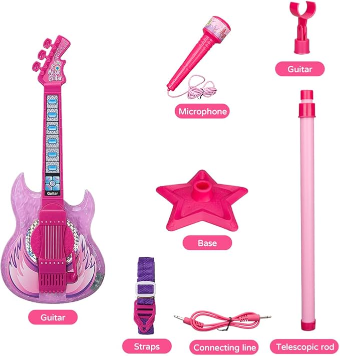 TAKIHON Guitar and Microphone Set for Kids,Guitar Toys with Music&Colorful Light,Adjustable Height Microphone with Stand,Karaoke Toys Gift for Boy,Girls,Toddlers(Red)-Upgraded