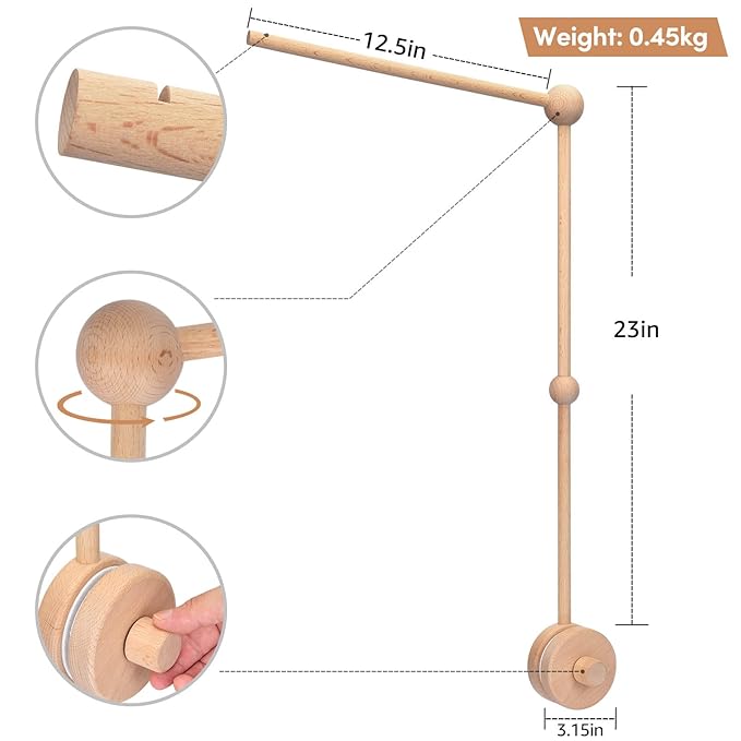 Baby Crib Mobile Arm,VKP Wooden Mobile Arm for Crib Mobile Hanger for Crib Baby Girl Nursery Decor (Wood)