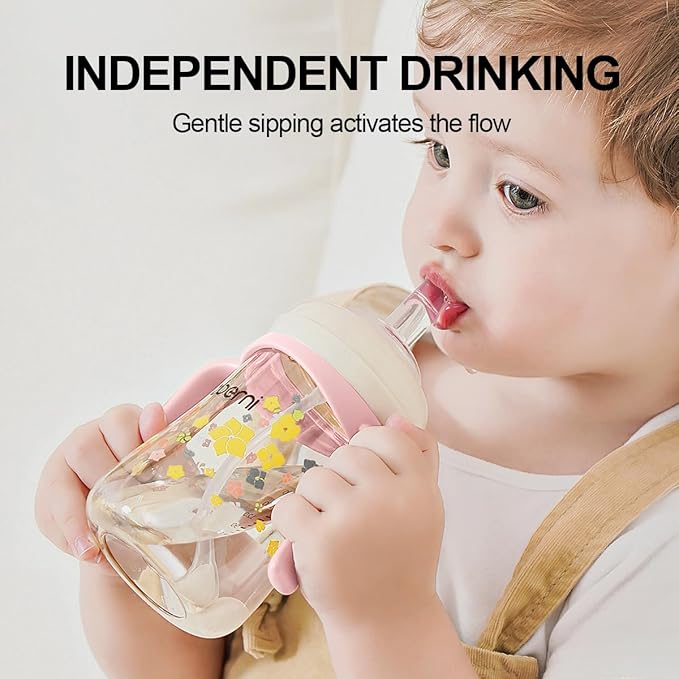 PPSU No Spill Sippy cups,Weighted Straw Toddler Water Bottle with Handle,Spill Proof Toddler Cup with Leakproof Spout for Baby 6-12 Months and Toddlers 1-3 (10 Ounce, Pink, 3 Pack)