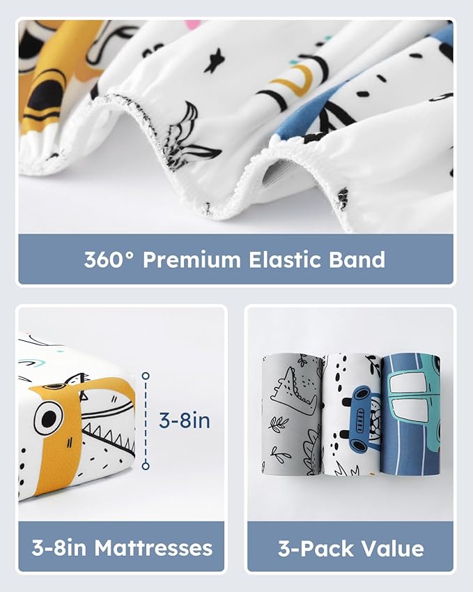 Baby Crib Sheets for Boys Girls, 28x52x8in Fitted Crib Sheet Neutral 3 Pack for Standard Crib and Toddler Mattress, Breathable Soft Microfiber Baby Sheet Grey & Blue Car