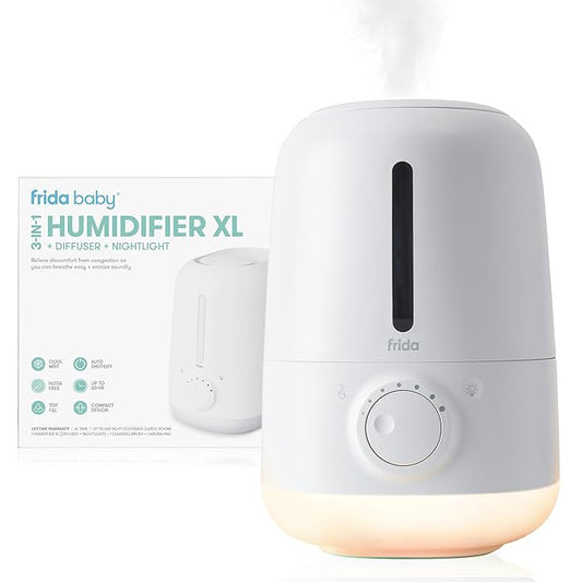 Frida Baby 3-in-1 XL Top Fill Humidifier for Bedroom, Cold & Flu Relief, 6L Tank Cool Mist Humidifier + Diffuser for Large Rooms, Mold Resistant, Nightlight, Auto-Off, Quiet, Essential Oil Diffuser