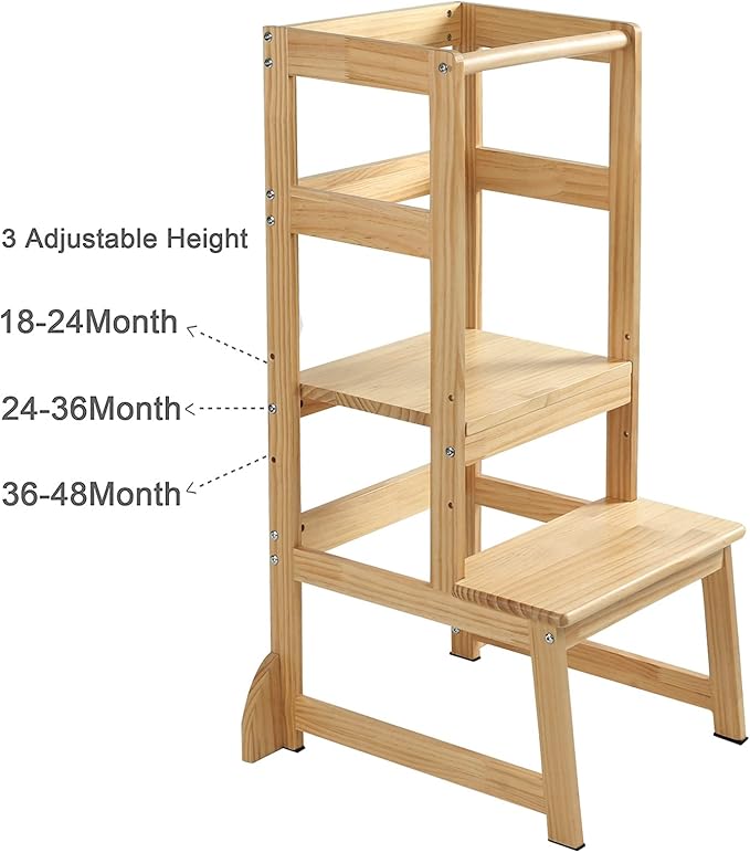 Kitchen Step Stool for Toddlers,Wiifo Adjustable Height Kids Learning Stool, Toddler Standing Tower(Natural)