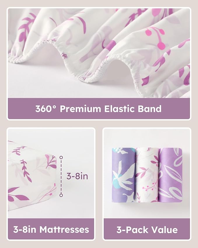 Pack and Play Sheets Fitted 3 Pack, Mini Crib Sheets for Pack N Play Mattress Stretchy Portable Playard Sheets, Soft Breathable Purple Leaf