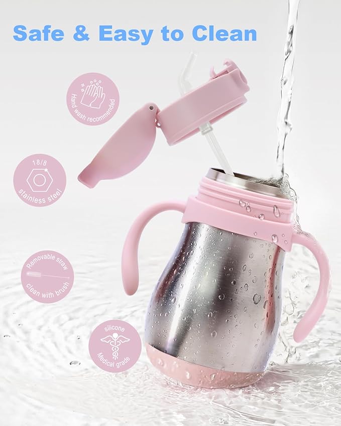 Stainless Steel Sippy Straw Cup for Toddlers 1-3 Years Old, Insulated Toddler Water Bottle Baby Training Tumbler with Handles, 8oz Kids Straw Cups for Travel, Daycare & At Home, Pink