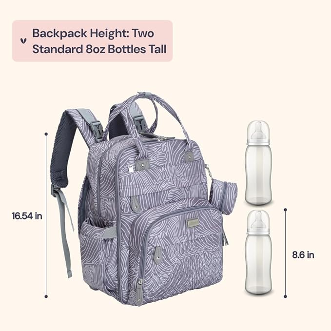 BabbleRoo Diaper Bag Backpack - Baby Essentials, Travel Essentials Baby Bag with Changing Pad, Stroller Straps & Pacifier Case - Unisex, Gray Swirls