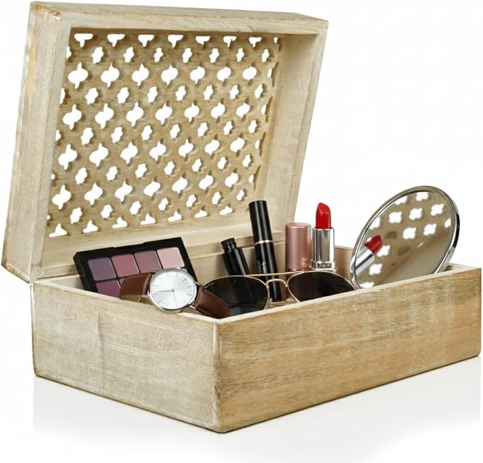 Mela Artisans Wooden Keepsake Box | Whitewash Mango Wood Memory & Photo Storage Box with Hinged Lid | Decorative Storage Box | Extra Large | 10.5x7.5x4 Inch