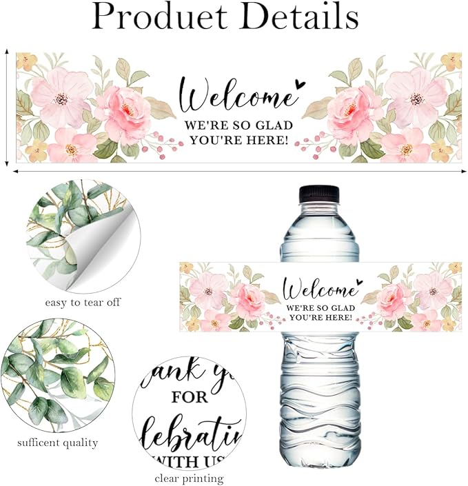 100PCS Wedding Water Bottle Labels Waterproof Greenery Floral Wraps Sticker for Water Bottle Baby Shower Bottle Label for Bridal Shower Party Welcome (Pink)