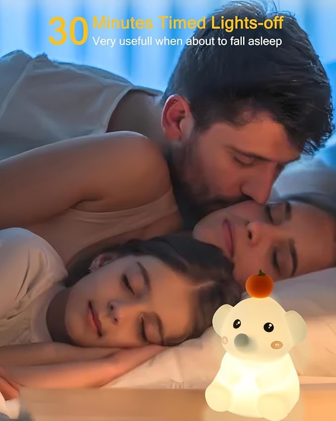 LED Night Light, Cute Squishy Elephant Lamp, Silicone Rechargeable Dimmable Nightlight for Nursery and Bedrooms, Elephant Gift for Women (White-Blue)