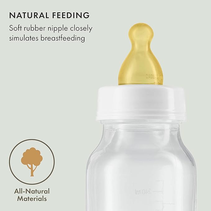 Natursutten Anti-Colic Glass Baby Bottle 2-Pack - 8 oz, 4 oz Bottles for Breastfeeding Babies - Newborn Bottles Set: Natural Rubber Slow-Flow Bottle Nipples, Seals, Valves, Baby Bottle Caps (8 Ounce)