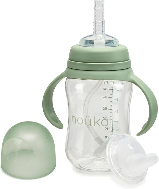 nouka Tritan Plastic Transitional Sippy Cup with Weighted Straw | Leak Proof and Easy Grip | Removable Handles | Moss