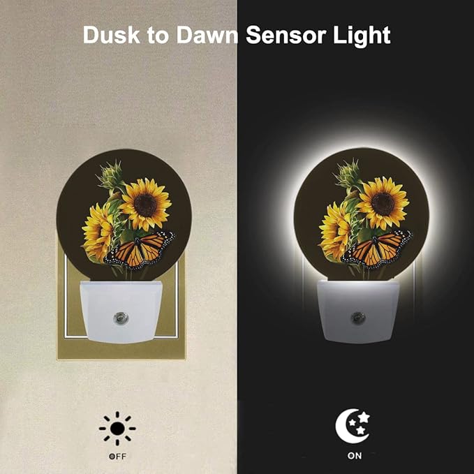 EKOBLA Night Light Sunflower and Butterfly Night Lights Plug into Wall for Boys Girls Led Night Light, Round Lamp Home LED Wall Decor Nightlight