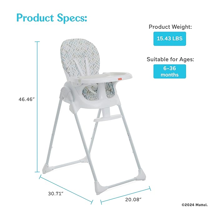 Fisher Price Tiny Bites Baby & Toddler Highchair – Cloud Grey, One-Click Folding, 7 Adjustable Height Levels, 2 Recline Positions, Removable Dishwasher-Safe Tray, Lightweight, Space-Saving