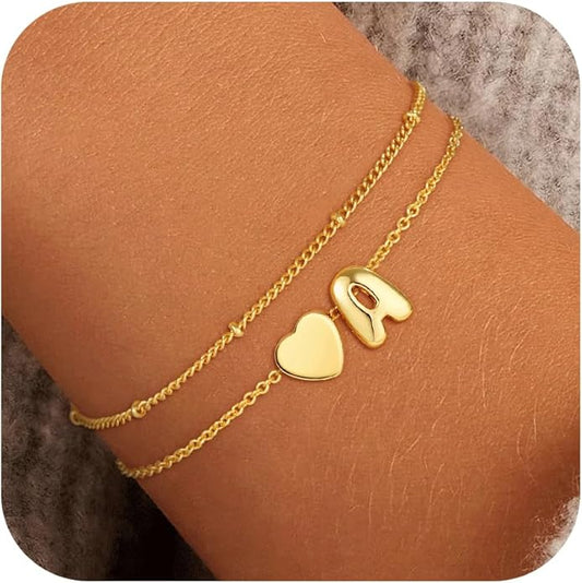 Heart Initial Bracelets for Women Girls - 18K Gold Plated A-Z Initial Bracelet Dainty Gold Bracelets for Women Teen Girl Gifts Trendy Stuff