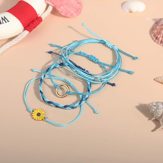 FANCY SHINY Sunflower String Bracelet Boho Braided Rope Wrap Bracelets Cute Summer Beach Surfer Jewelry for Women Christmas Gifts