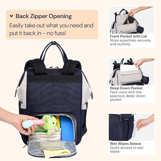 BabbleRoo Diaper Bag Backpack, Multifunction Large Bags with Changing Pad & Stroller Straps Pacifier Case, Unisex Stylish Travel Back Pack Nappy for Moms Dads (Stone Gray Blue)