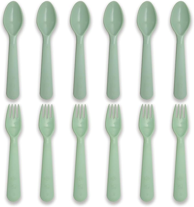 12 Pcs Kids Spoons and Forks Toddler Utensils Plastics Reusable Silverware Baby Cutlery Set Feeding Dinnerware Utensils BPA Free Microwave Dishwasher and Freezer Safe- Light Green
