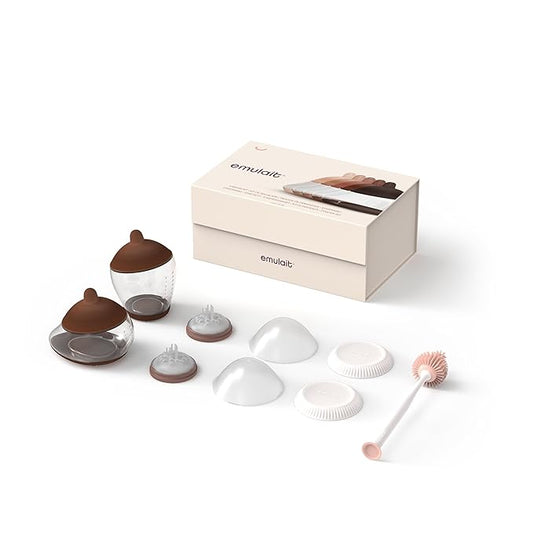 Emulait Baby Bottle Starter Kit Includes 2 Bottles 2 Nipples 2 Caps 2 Lids 2 Responsive Flow Valves, Cleaning Brush