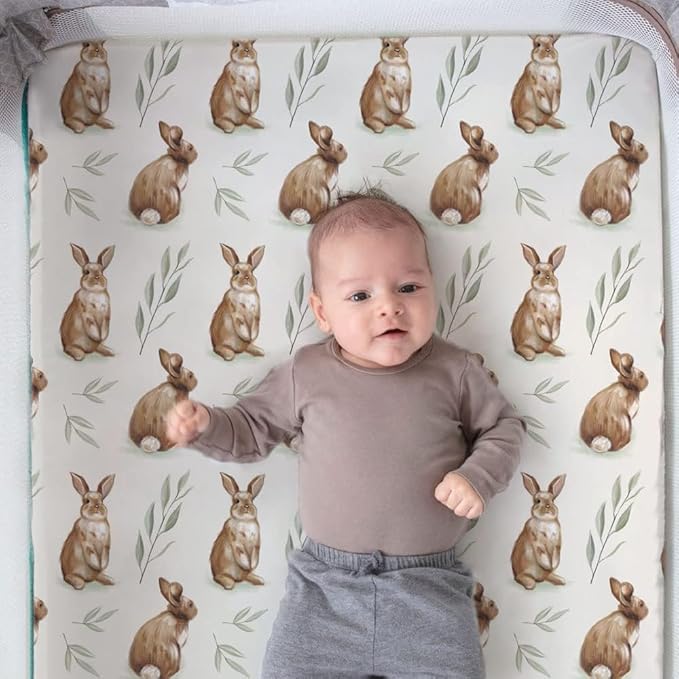Pack n Play Sheets, BROLEX 2 Pack Mini Crib Sheets,Stretchy Portable Fitted Playard Sheet Set, Convertible Playard Mattress Cover,Ultra Soft Breathable Material,Bunny Nuts