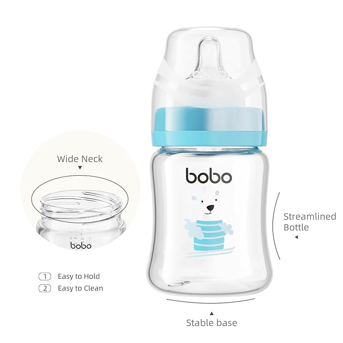 YOHKOH Glass Baby Bottles with Slow Flow Nipple, Newborn Anti-Colic Baby Bottles for 0+ Months, Wide Neck Feeding Bottle, Clear (Multicolour, 5oz (Pack of 4))