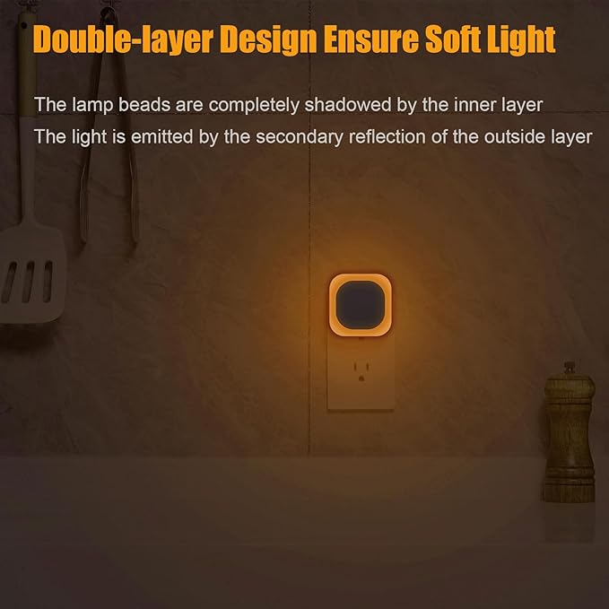 2 Pack Plug in Amber Night Light, Auto Dusk to Dawn, Soft Glow, Dimmable, Diffused Light, LED Lights for Bedroom, Kids, Bathroom, Sleep, Baby Nursery, Toddler, Hallway, Kitchen, Home Decor