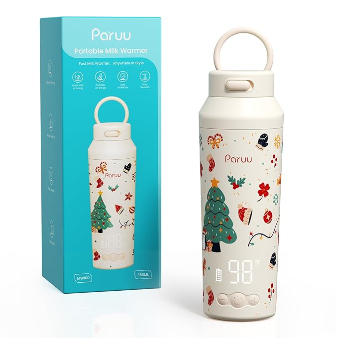 Paruu Portable Bottle Warmer for Travel, Easy-Clean Wide Mouth, Portable Milk Warmer with Fast Heating for Night Feeding, 7-Temp Control, Large 12oz Capacity, Christmas Limited Edition, Beige