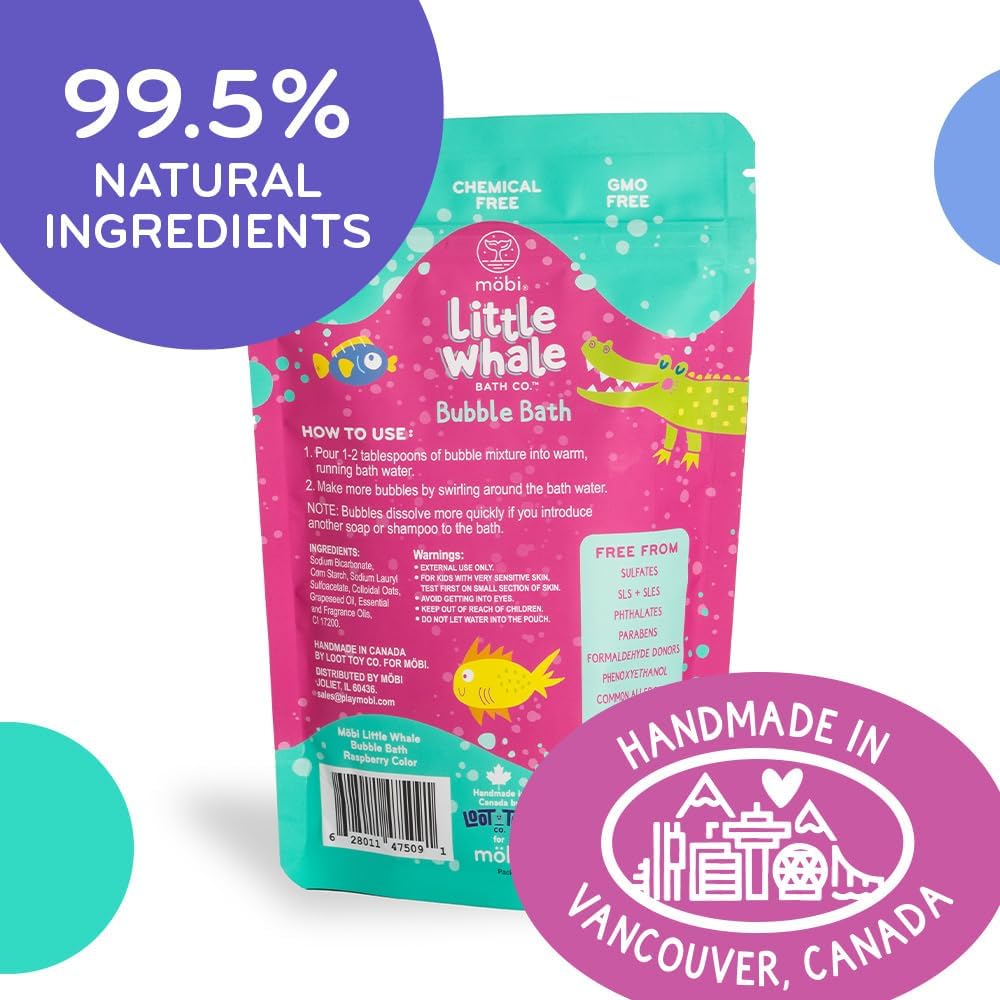 Mobi Little Whale Bubble Bath, Tropical Fruity Raspberry Scent Kids Body Wash, Gentle Moisturizing Tub Foam for All Skin Type, GMO-Free, Stain-Free, Fun Pink Color, 8 fl oz