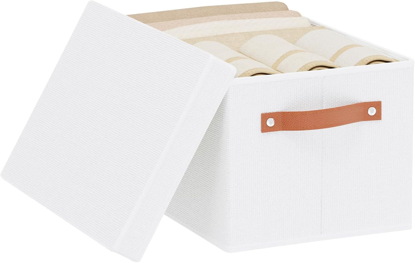 Fabric Storage Bins, Clothes Boxes for Shelves with Lids, Baskets for Organizing with Handles, Decorative Linen Closet Organizers, White, 1 Pack, 15 x 9.8 x 8.3 Inch