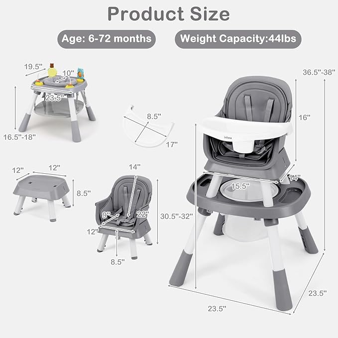 INFANS 9 in 1 High Chair, Convertible Baby Highchair for Babies and Toddlers, Table and Chair Set Building Block Infant Dining Booster Seat, Kids Stool with Activity Children Play Kitchen (Grey)