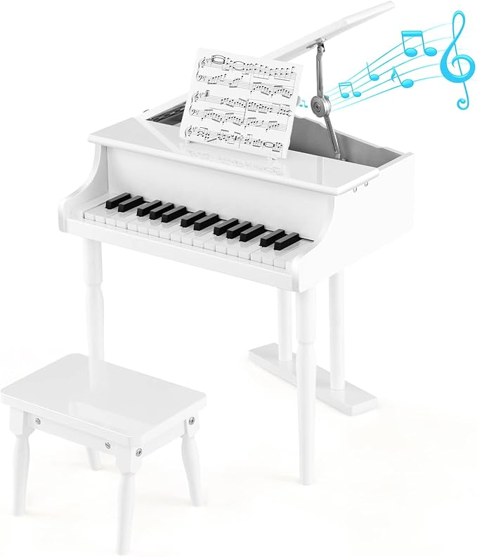 HONEY JOY Classical Kids Piano, 30-Key Mini Grand Piano with Music Stand and Bench, Wooden Musical Instrument Toy w/Lid & Music Rack, Gift for Boys Girls Ages 3+ (3 Straight Leg-White)
