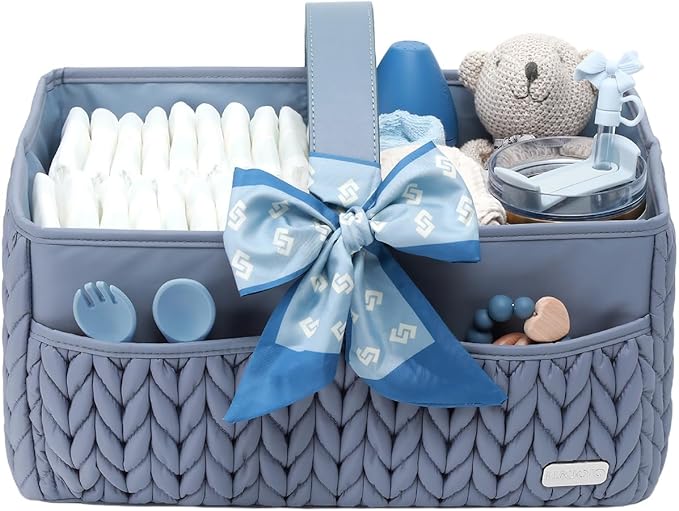 Luxurious Baby Diaper Caddy, Nursery Storage Basket for Newborn Essentials, Travel Baby Basket for Diapers Baby Wipes, Organizer Tote Bag Storage Bin, Baby Shower Gifts(ash blue)