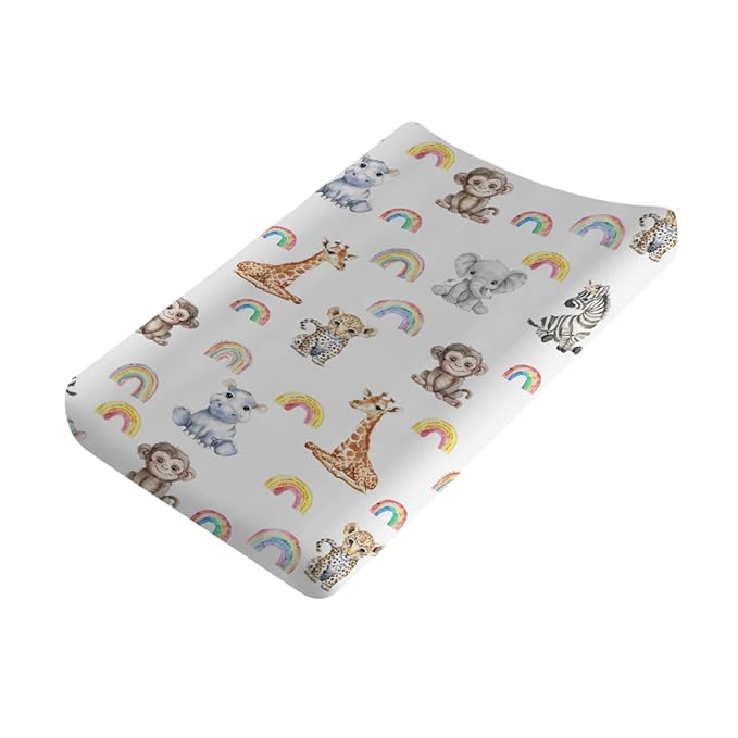 Jungle Safari Animals Rainbow Changing Pad Covers Zoo Leopard Elephant Giraffe Zebra Hippo Monkey Baby Change Table Cover for Boy Girl Soft Stretch Fitted Diaper Changing Pad Sheet Mats 32''x16''