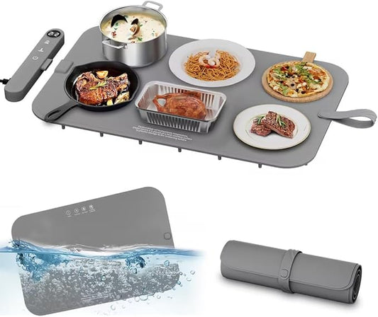 Upgrade Graphene Food Warming Mat for Countertop- Full Surface Heating, Waterproof Electric Warming Tray with 6 Temp Modes & 6H Timer for Parties, Gifts for Mom (Gray)