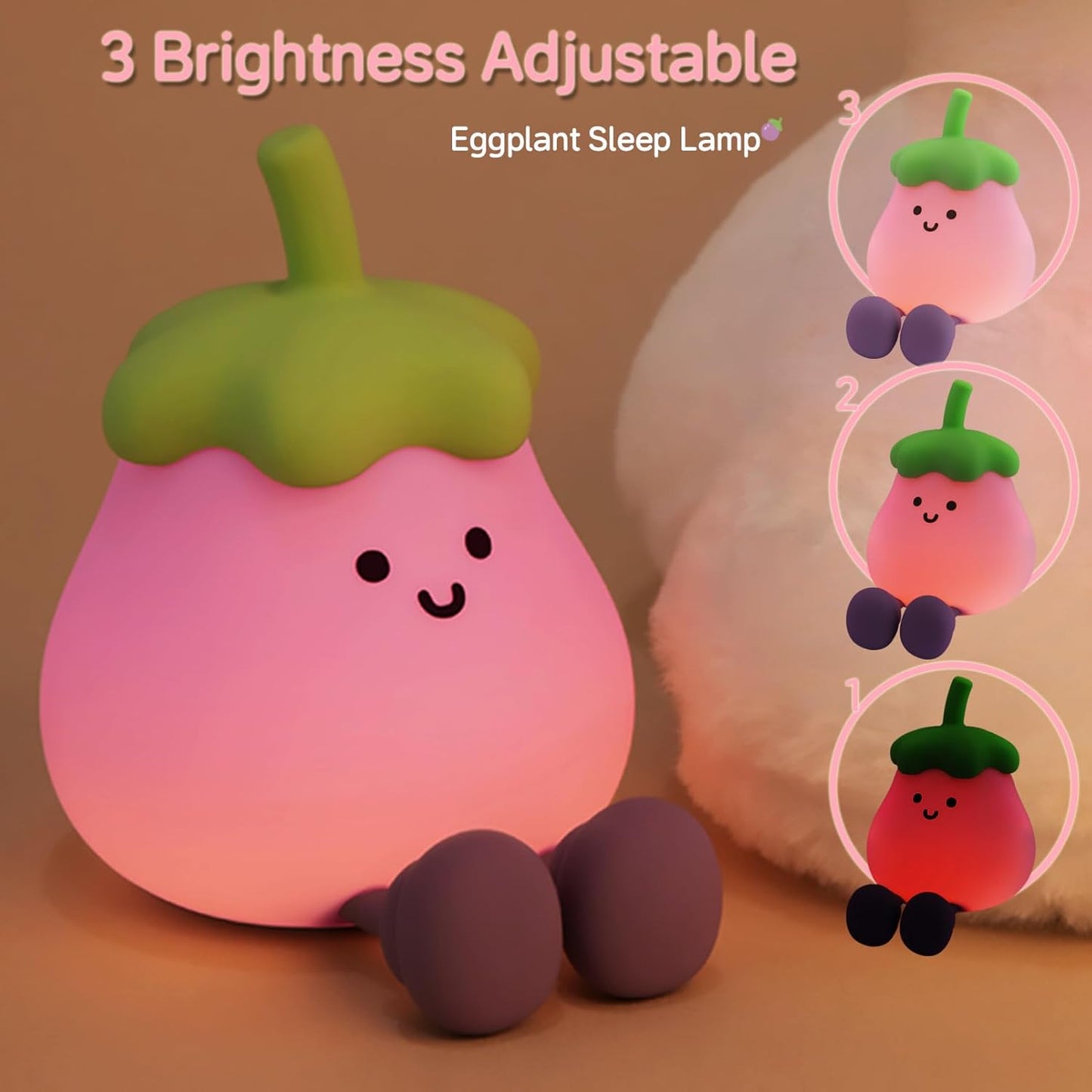 Eggplant Night Light for Kids, Cute Eggplant Sleep Lamp Squishy Silicone Kids Nightlight USB Rechargeable Portable Bedroom Night Lamp, Eggplant Gift Birthday Gift for Baby Girl Boy