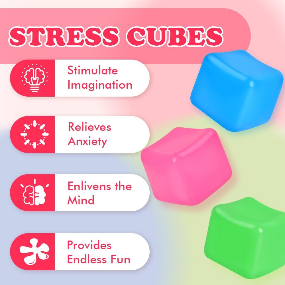 3 Pack Stress Cube - Squishy Sensory Fidget Toy for Adults and Kids, Anxiety Relief Toys with Groovy Goo Filling in Pink Blue Green