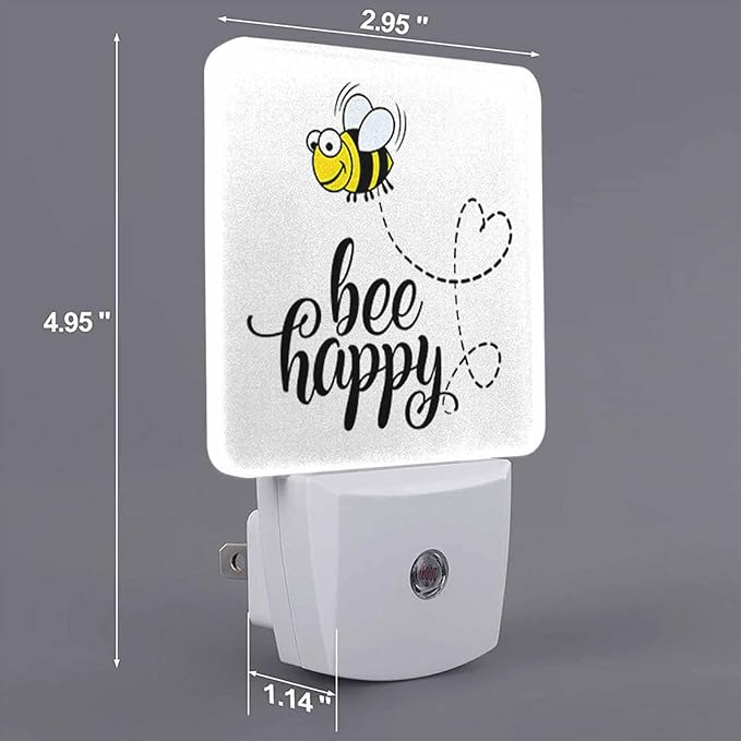 LED Night Light,Bee Happy Funny Text Quote Cute Fat Bee LED Night Light Plug into Wall with Dusk to Dawn Light Sensor White Energy Efficient Nightlight for Bedroom Bathroom Hallway Living Room Kitchen