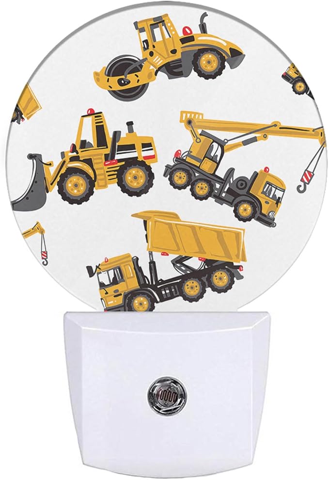 EKOBLA Yellow Cartoon Trucks Night Light Excavator Bulldozer Loader Building Machine Night Lights Plug into Wall for Teen Boys Bathroom Bedroom 0.5W Sleep Friendly