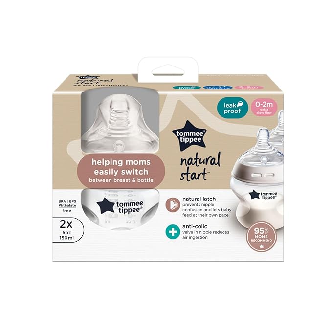 Tommee Tippee Natural Start Anti-Colic 5 oz BPA Free Baby Bottles, 0+ Months, Slow Flow Breast-Like Nipple, Self Sterilizing, Designed for Seamless Transition Between Bottle and Breast, Pack of 2