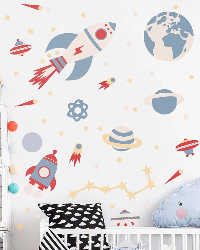 Space Peel and Stick Decals Rocket Planets Stars Wall Sticker Removable Vinyl Decals for Nursery Kids Room Girls Boys Bedroom Playroom Wall Decor