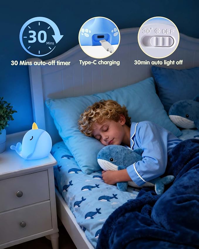 Fuloon Narwhal Night Light with Whale Shape, Squishy Silicone Kids Lamp, Safe & Soothing Touch Control for Kids and Babies, USB-C Rechargeable, 30-Min Auto Timer, Gift Idea (Blue)