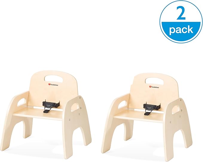 Foundations Simple Sitter Low Wood Feeding Chairs Multipack, Wide No-Tip Base, Adjustable Safety Harness, Stackable Wood Toddler Chairs with Food Service Grade Finish, 2 Pack (5 inch)