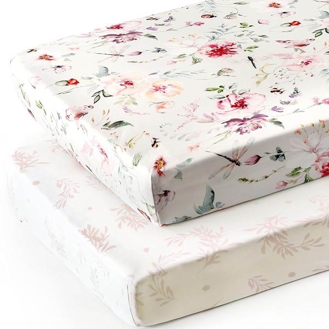 Fitted Crib Sheets Set 2 Pack, Ultra Soft Stretch Jersey Knit Crib Sheet Fit All Standard Crib Mattress Pads Safe and Snug, Crib Fitted Sheet for Baby, Beautiful Flowers and Insects Pattern