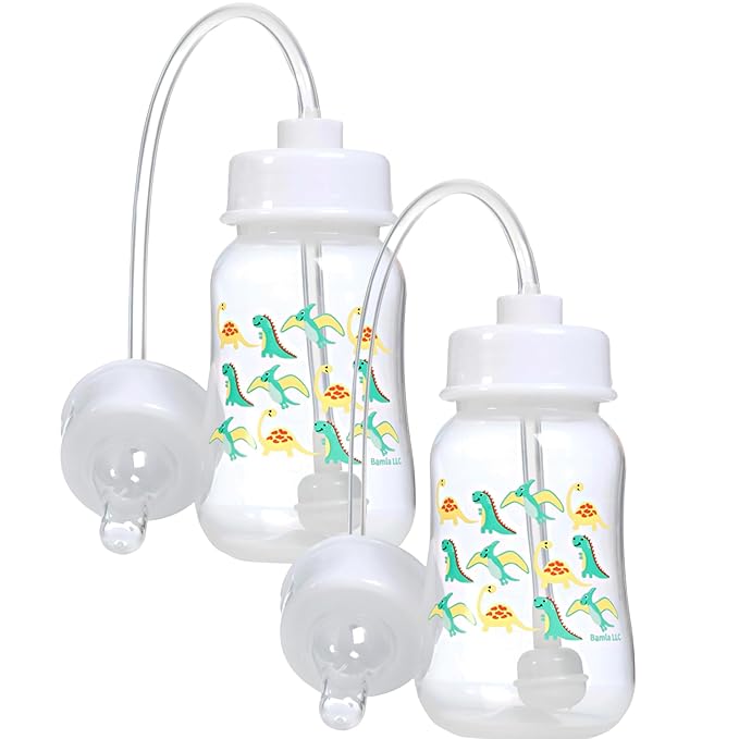Hands-Free Baby Bottle - Anti-Colic Nursing System 4 oz Baby Bottle with Fast Flow Nipple/Teat 3m+ Infant with Tube Straw Feeding System for Toddler (2 Pack - Dinosaur)
