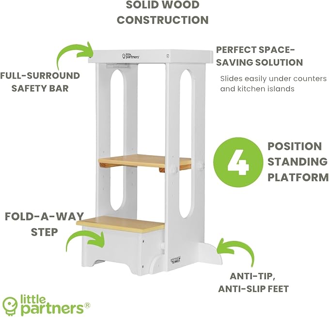 Little Partners Foldable Toddler Tower, Learning Tower Explore 'N Store Montessori Standing Kitchen Tower with Folding Step Stool Platform for Cooking and Learning, Ages 2+ (White w/Natural)