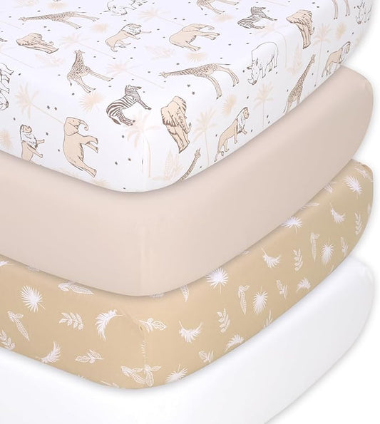 The Peanutshell Baby Organic Bassinet Sheets 4-Pack Boy or Girl - Ultra Soft & Rectangle Baby Sheet, 100% Jersey Cotton, Fitted Covers for Crib, Halo Bassinet Mattress - Caramel Safari