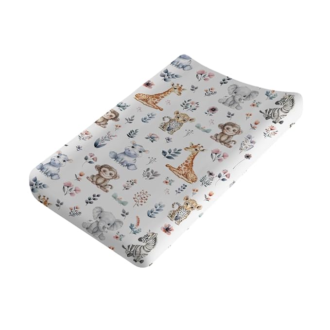 Jungle Safari Animals Boho Floral Changing Pad Covers Zoo Leopard Elephant Giraffe Zebra Hippo Monkey Baby Change Table Cover for Boy Girl Soft Stretch Fitted Diaper Changing Pad Sheet Mats 32''x16''