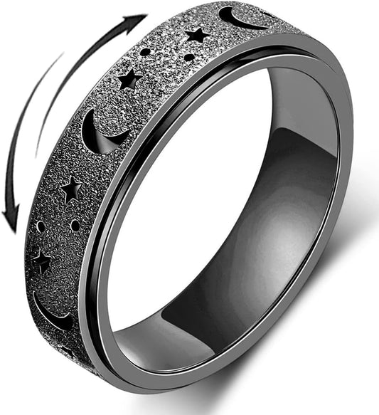 Anxiety Ring for Women Men, Titanium Stainless Steel Spinner Ring, 5 Colors, 6MM, Size 6-10, 3 Styles Anxiety Ring-Moon Star, Sandblasted Finished, Hollow Outer