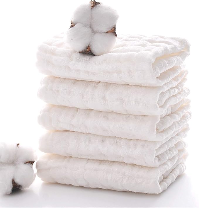 MUKIN Baby Muslin Washcloths, Natural Cotton, Soft Newborn Face Towel, 5 Pack, 12 x 12 inches (White)