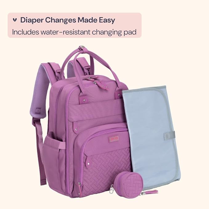 BabbleRoo Diaper Bag Backpack - Baby Essentials Travel Tote - Multi Function Water Resistant Diaper Bag, Travel Essentials Baby Bag with Changing Pad, Stroller Straps & Pacifier Case - Unisex, Purple