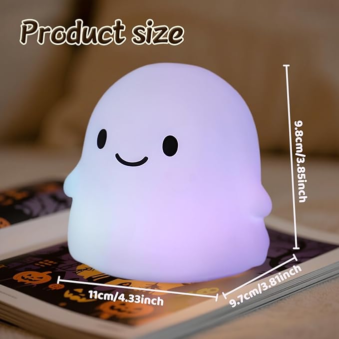 Ghost Night Light, Cute Ghost Decor Light Up Ghost Lamp - Color Changing Durable Kid-Safe Silicone, Long-Lasting Battery, USB Touch Control, Kids Halloween Gifts, Indoor Halloween Decor